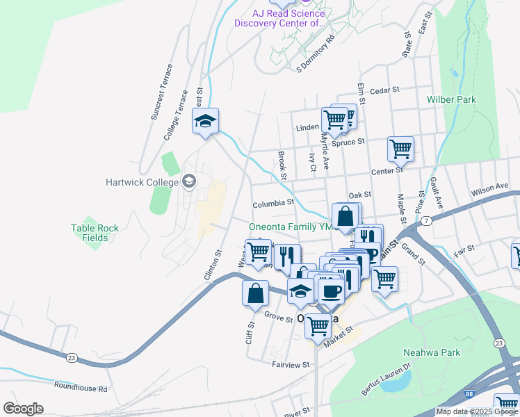 map of restaurants, bars, coffee shops, grocery stores, and more near 23 Columbia Street in Oneonta