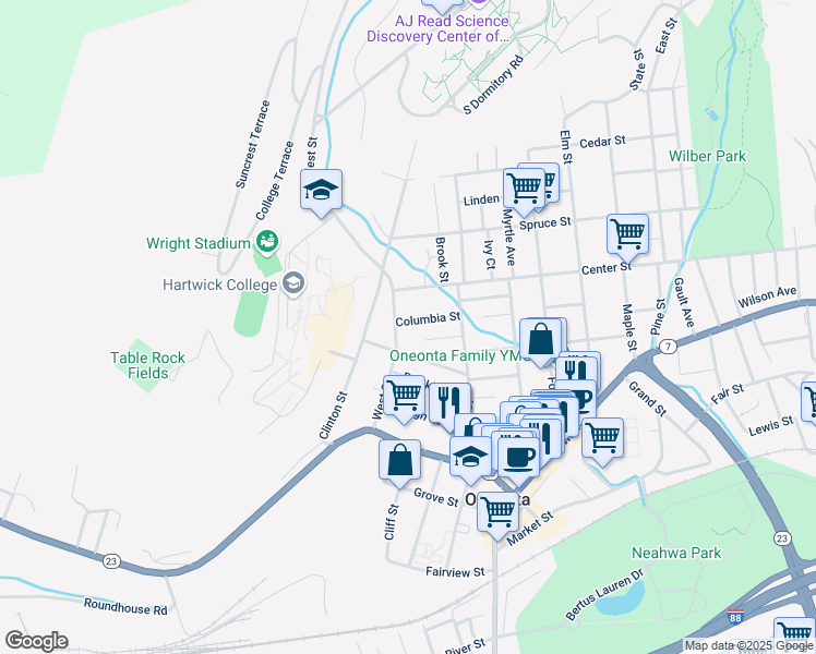 map of restaurants, bars, coffee shops, grocery stores, and more near 23 Columbia Street in Oneonta