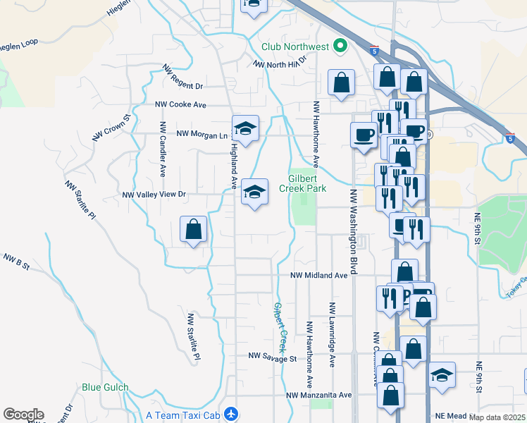 map of restaurants, bars, coffee shops, grocery stores, and more near 1725 Northwest Highland Avenue in Grants Pass