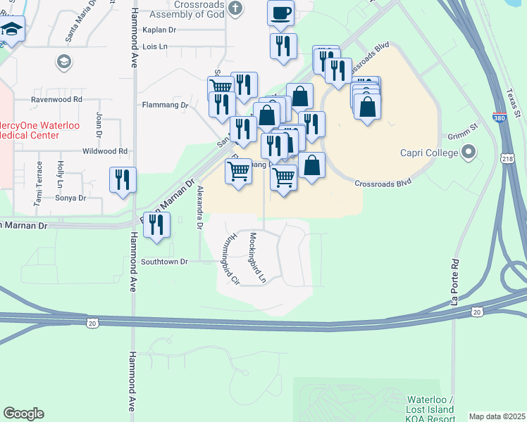 map of restaurants, bars, coffee shops, grocery stores, and more near 4056 Sarah Drive in Waterloo