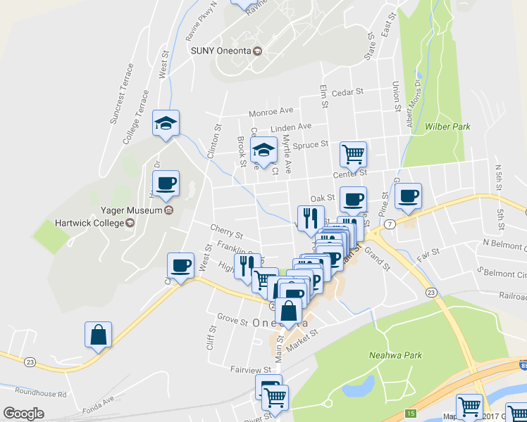 map of restaurants, bars, coffee shops, grocery stores, and more near 50 Church Street in Oneonta