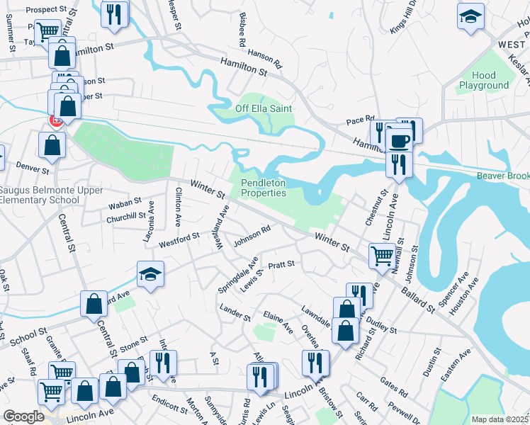map of restaurants, bars, coffee shops, grocery stores, and more near 66 Winter Street in Saugus