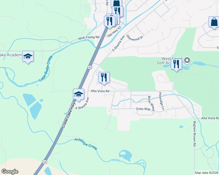 map of restaurants, bars, coffee shops, grocery stores, and more near 108 Greenview Drive in Eagle Point