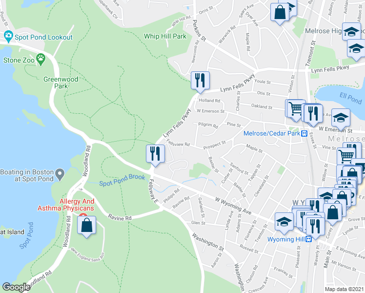 map of restaurants, bars, coffee shops, grocery stores, and more near 76 Fellsview Road in Stoneham