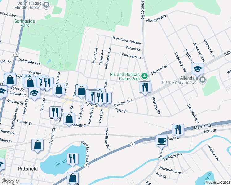 map of restaurants, bars, coffee shops, grocery stores, and more near 176 Woodlawn Avenue in Pittsfield