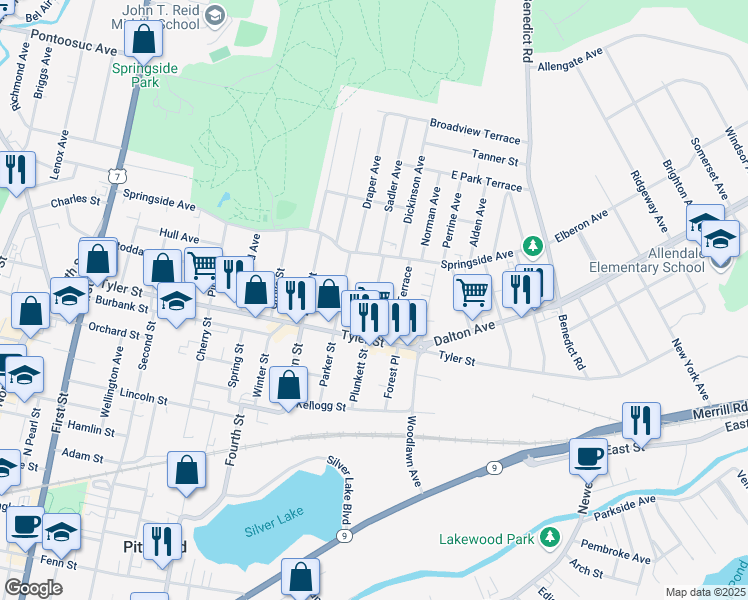 map of restaurants, bars, coffee shops, grocery stores, and more near 92 Plunkett Street in Pittsfield