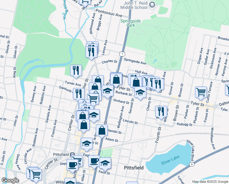 map of restaurants, bars, coffee shops, grocery stores, and more near 53 Orchard Street in Pittsfield