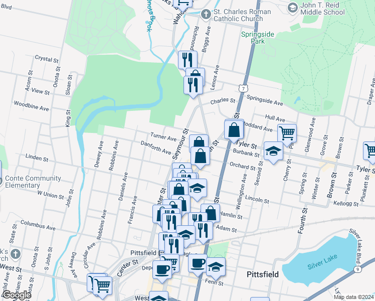 map of restaurants, bars, coffee shops, grocery stores, and more near 56 Seymour Street in Pittsfield