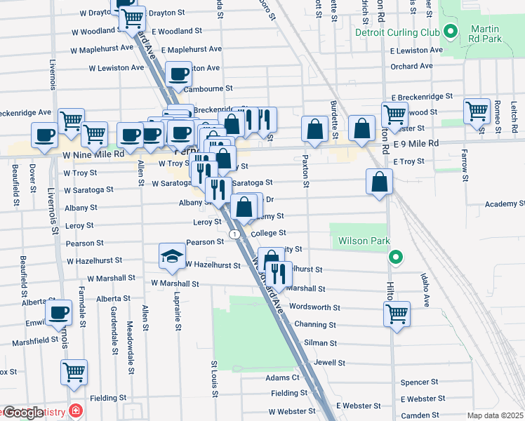 map of restaurants, bars, coffee shops, grocery stores, and more near 252 Academy Street in Ferndale