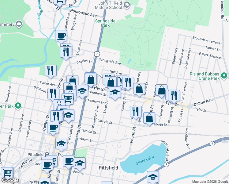 map of restaurants, bars, coffee shops, grocery stores, and more near 236 Tyler Street in Pittsfield