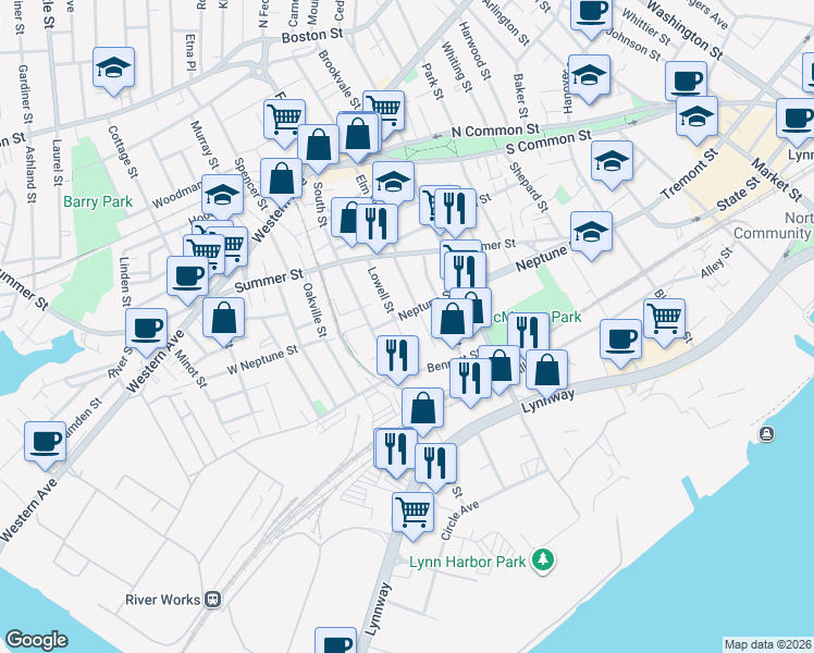 map of restaurants, bars, coffee shops, grocery stores, and more near 80 Lowell Street Court in Lynn