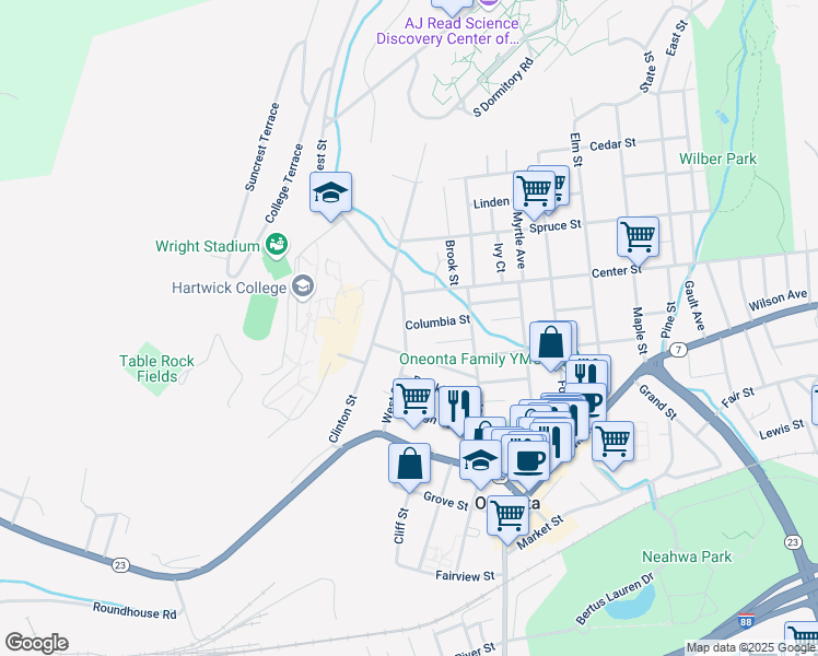 map of restaurants, bars, coffee shops, grocery stores, and more near 38 West Street in Oneonta