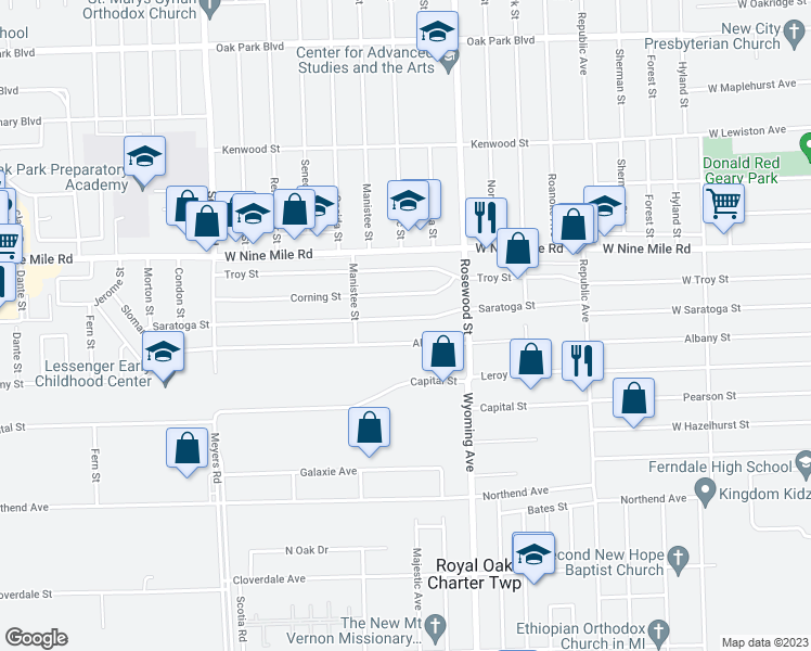 map of restaurants, bars, coffee shops, grocery stores, and more near 10151 Saratoga Street in Oak Park