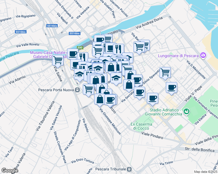 map of restaurants, bars, coffee shops, grocery stores, and more near 68 Via dei Marsi in Pescara