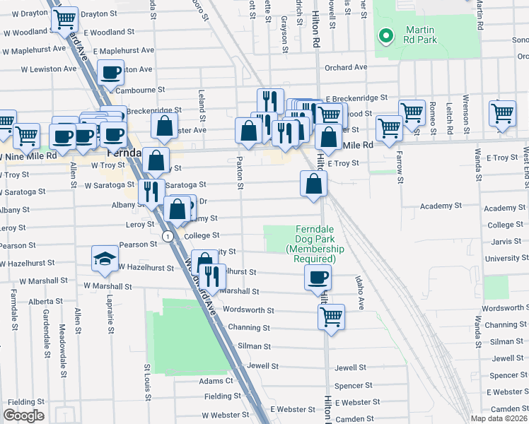 map of restaurants, bars, coffee shops, grocery stores, and more near 461 Academy Street in Ferndale