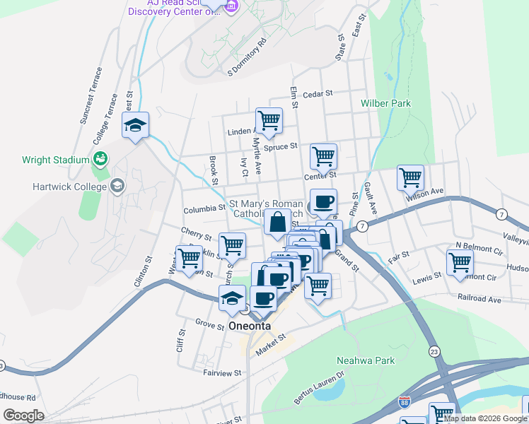 map of restaurants, bars, coffee shops, grocery stores, and more near 58 Dietz Street in Oneonta