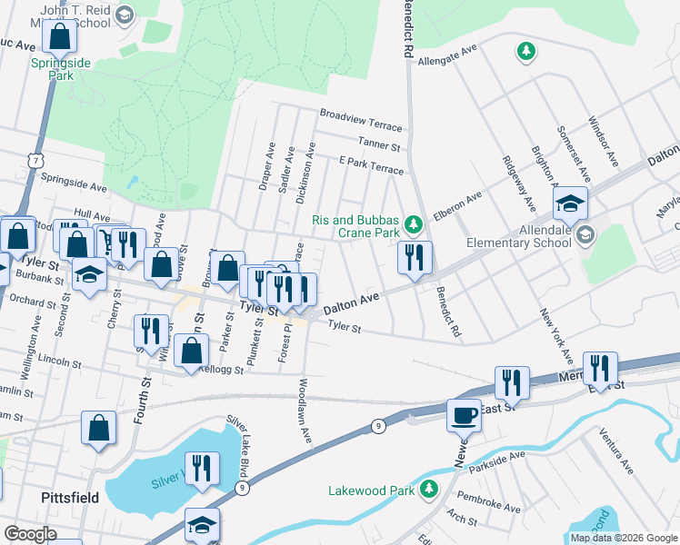 map of restaurants, bars, coffee shops, grocery stores, and more near 176 Woodlawn Avenue in Pittsfield
