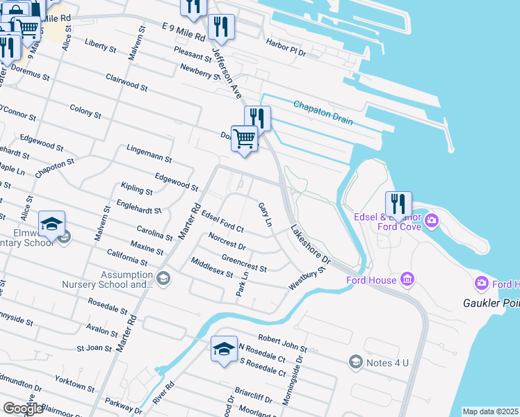 map of restaurants, bars, coffee shops, grocery stores, and more near 22971 Gary Lane in St. Clair Shores