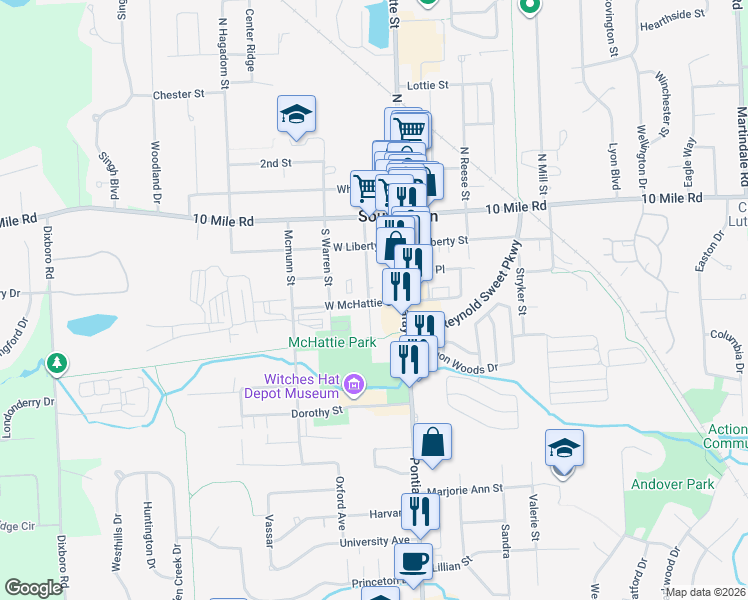 map of restaurants, bars, coffee shops, grocery stores, and more near 440 South Lafayette Street in South Lyon