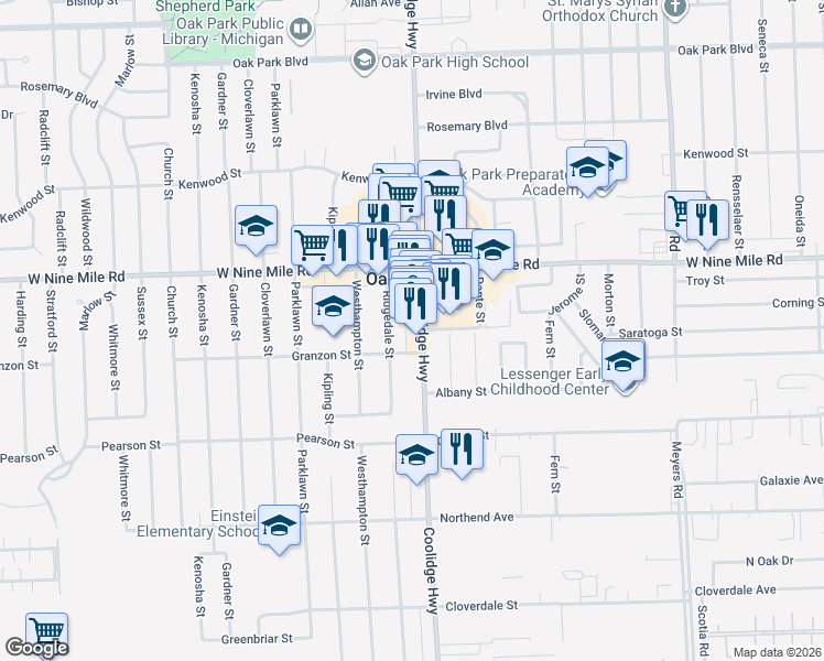 map of restaurants, bars, coffee shops, grocery stores, and more near 22001 Coolidge Highway in Oak Park