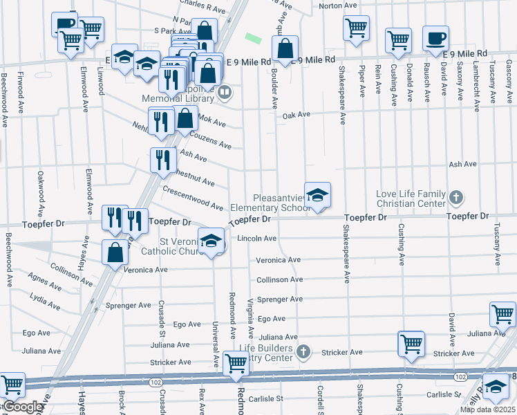 map of restaurants, bars, coffee shops, grocery stores, and more near 21706 Nevada Avenue in Eastpointe