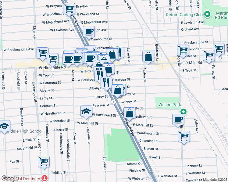 map of restaurants, bars, coffee shops, grocery stores, and more near 22346 Woodward Avenue in Ferndale