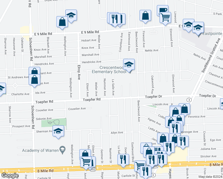 map of restaurants, bars, coffee shops, grocery stores, and more near 21773 La Salle Avenue in Warren