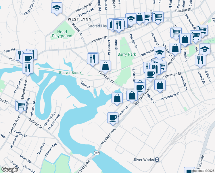 map of restaurants, bars, coffee shops, grocery stores, and more near 21 Margin Street in Lynn