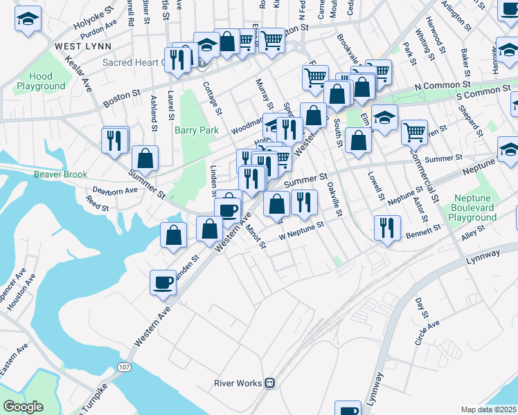 map of restaurants, bars, coffee shops, grocery stores, and more near 870 Western Avenue in Lynn