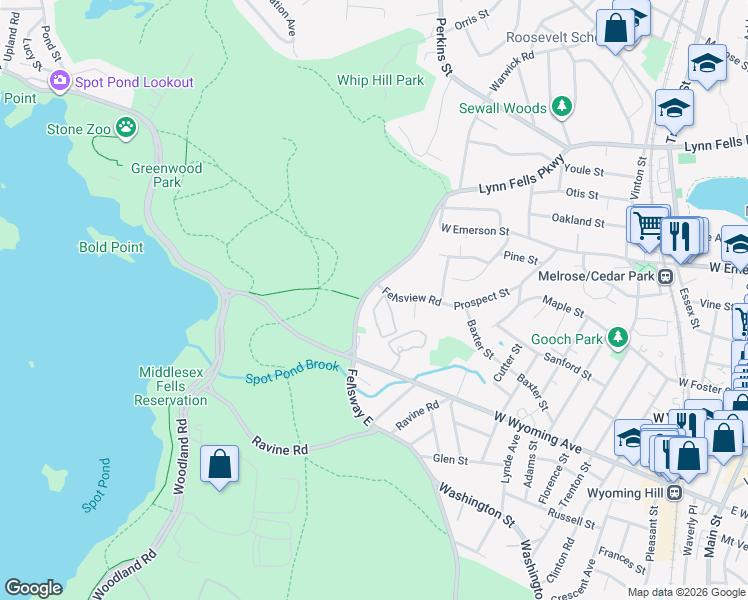 map of restaurants, bars, coffee shops, grocery stores, and more near 300 Fellsview Terrace in Stoneham