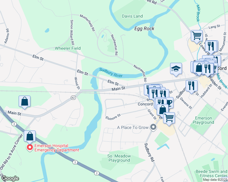 map of restaurants, bars, coffee shops, grocery stores, and more near 709 Lowell Road in Concord