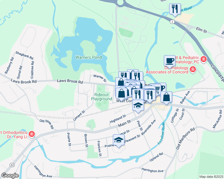 map of restaurants, bars, coffee shops, grocery stores, and more near 38 Maple Street in Concord
