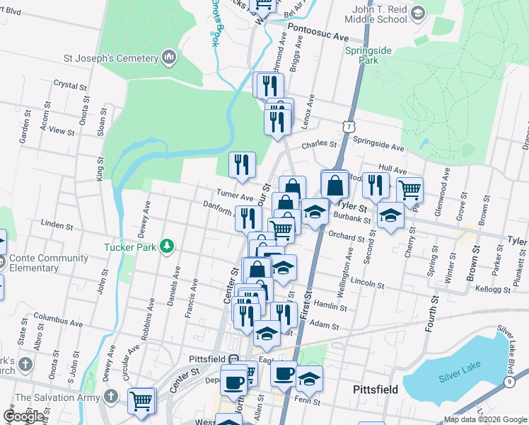map of restaurants, bars, coffee shops, grocery stores, and more near 56 Seymour Street in Pittsfield