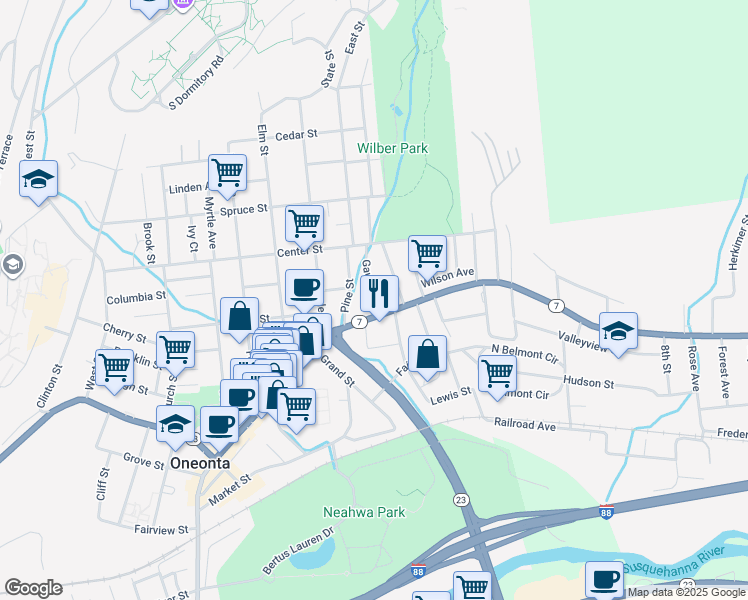 map of restaurants, bars, coffee shops, grocery stores, and more near 356 Main Street in Oneonta