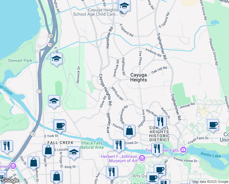 map of restaurants, bars, coffee shops, grocery stores, and more near 519 Wyckoff Road in Ithaca