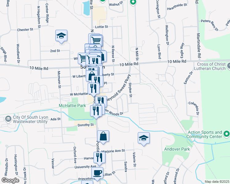 map of restaurants, bars, coffee shops, grocery stores, and more near 230 East McHattie Street in South Lyon
