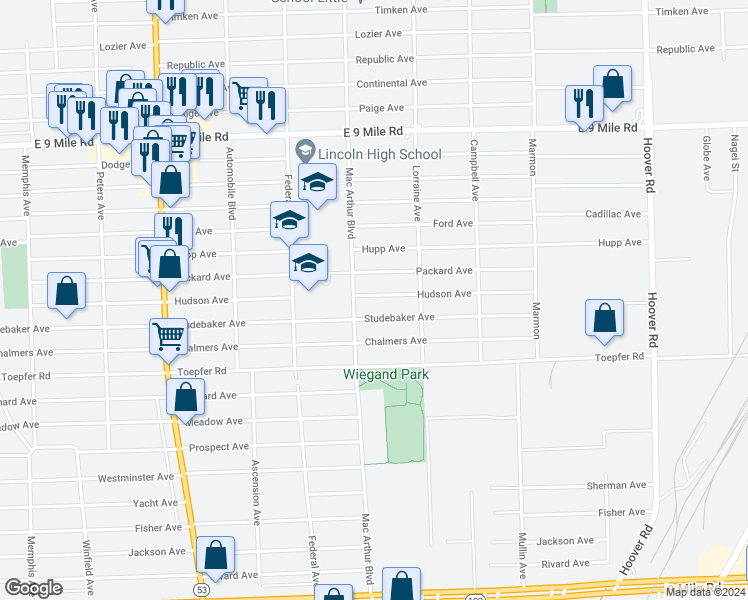 map of restaurants, bars, coffee shops, grocery stores, and more near 8646 Hudson Avenue in Warren