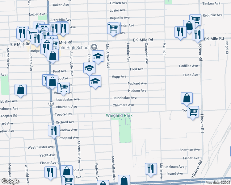 map of restaurants, bars, coffee shops, grocery stores, and more near 8638 Studebaker Avenue in Warren