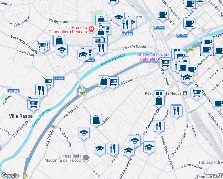 map of restaurants, bars, coffee shops, grocery stores, and more near 151 Via Aterno in Pescara
