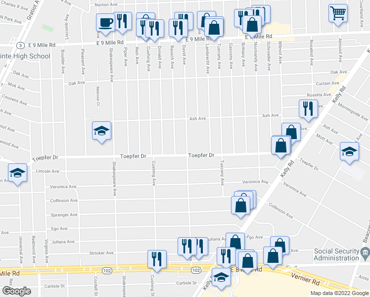 map of restaurants, bars, coffee shops, grocery stores, and more near 17206 Toepfer Drive in Eastpointe