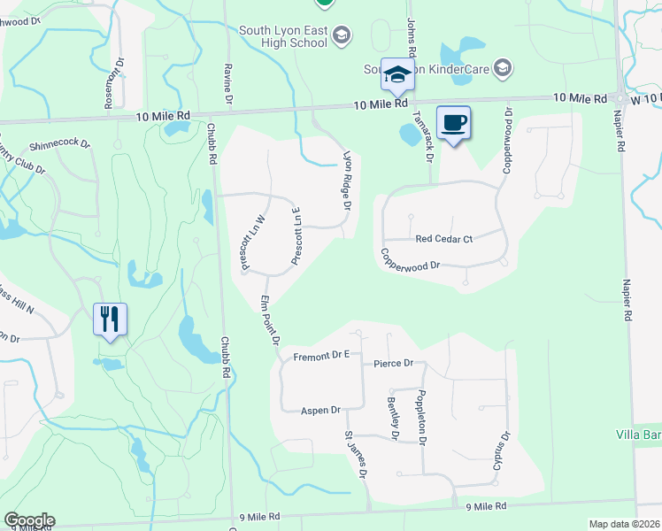 map of restaurants, bars, coffee shops, grocery stores, and more near 52485 10 Mile Road in South Lyon