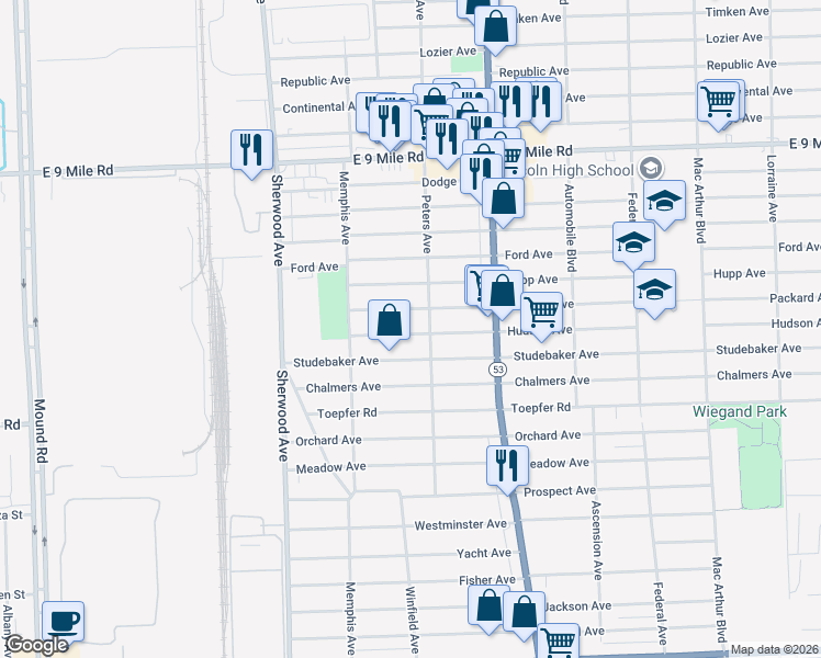 map of restaurants, bars, coffee shops, grocery stores, and more near 7268 Hudson Avenue in Warren