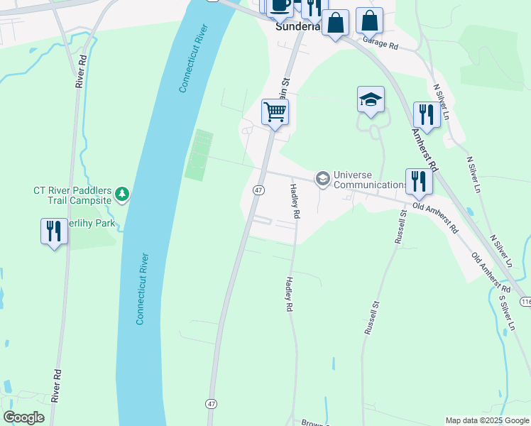 map of restaurants, bars, coffee shops, grocery stores, and more near 28 River Road in Sunderland