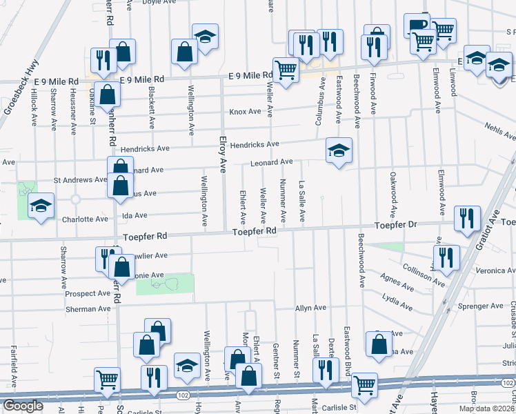 map of restaurants, bars, coffee shops, grocery stores, and more near 21781 Weller Avenue in Warren