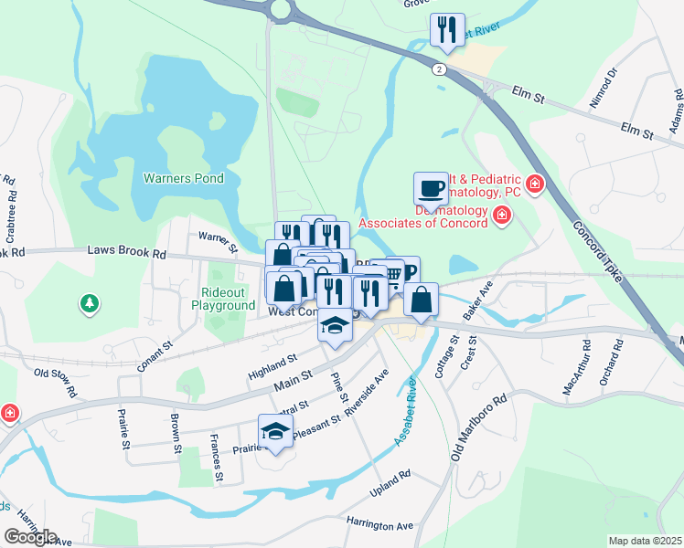 map of restaurants, bars, coffee shops, grocery stores, and more near 66 Commonwealth Avenue in Concord