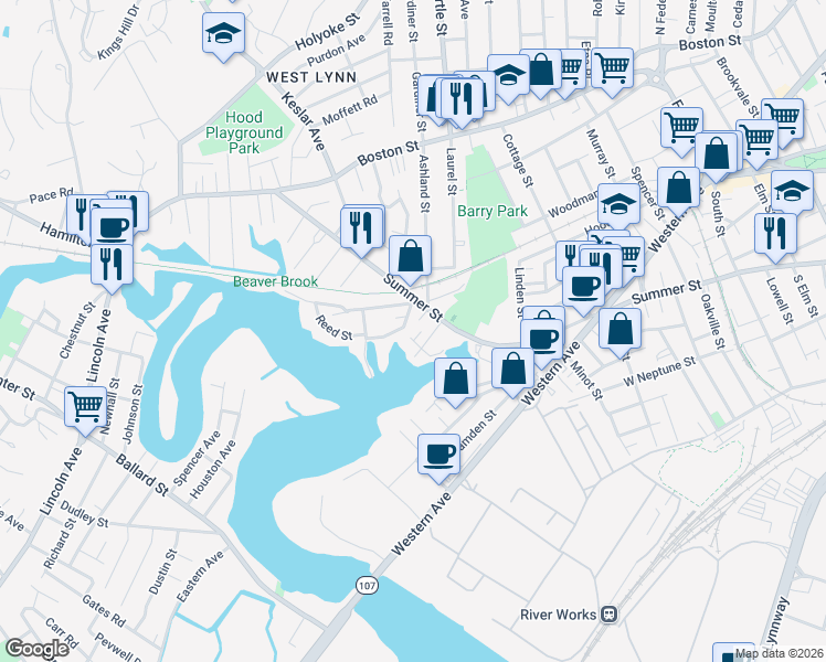 map of restaurants, bars, coffee shops, grocery stores, and more near 21 Margin Street in Lynn