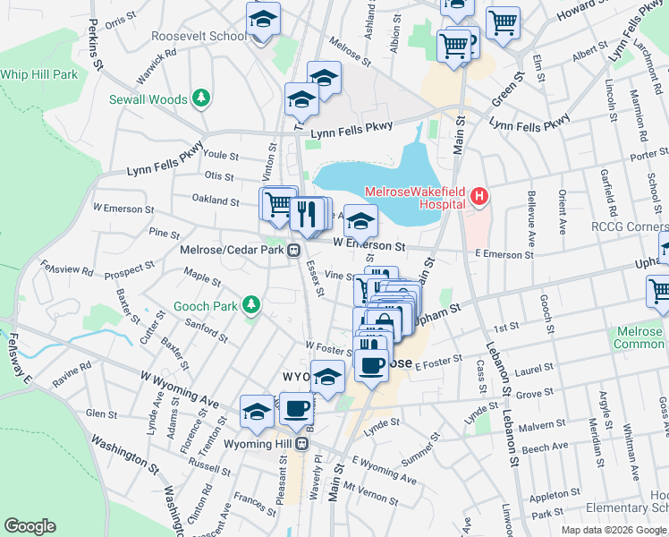 map of restaurants, bars, coffee shops, grocery stores, and more near 147 Essex Street in Melrose