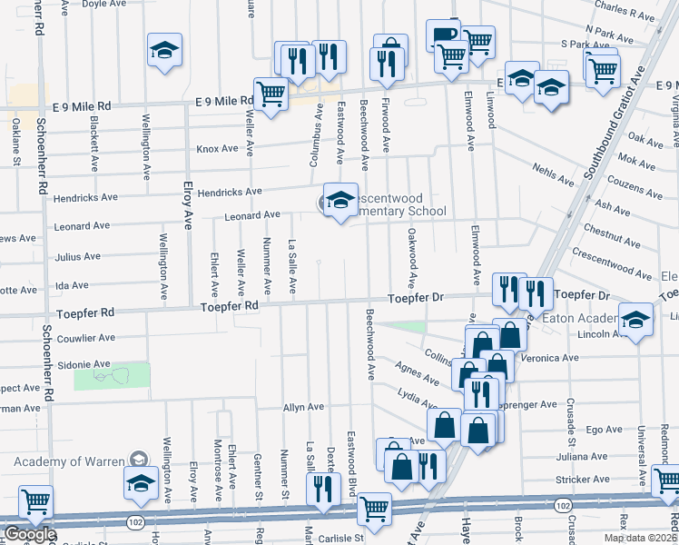 map of restaurants, bars, coffee shops, grocery stores, and more near 21716 Dexter Court in Warren