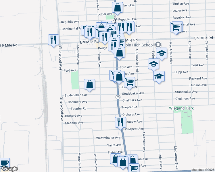 map of restaurants, bars, coffee shops, grocery stores, and more near 7551 Hudson Avenue in Warren