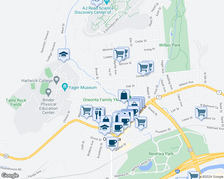 map of restaurants, bars, coffee shops, grocery stores, and more near 5 Cozy Avenue in Oneonta